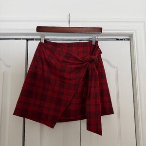 Red Plaid Wool Wrap Skirt – High-Waisted Mini Skirt